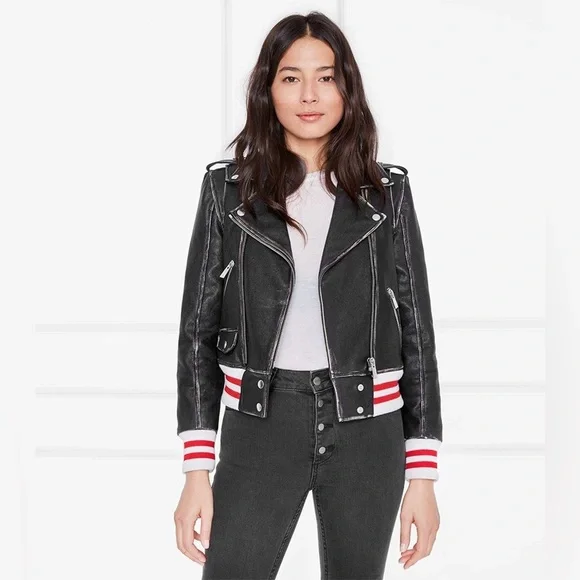 Anine Bing Quinlan Moto Biked Jacket with Varsity Cuffs and Hem - Picture 9 of 12